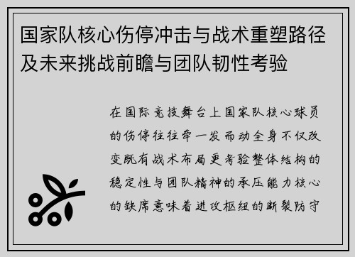 国家队核心伤停冲击与战术重塑路径及未来挑战前瞻与团队韧性考验